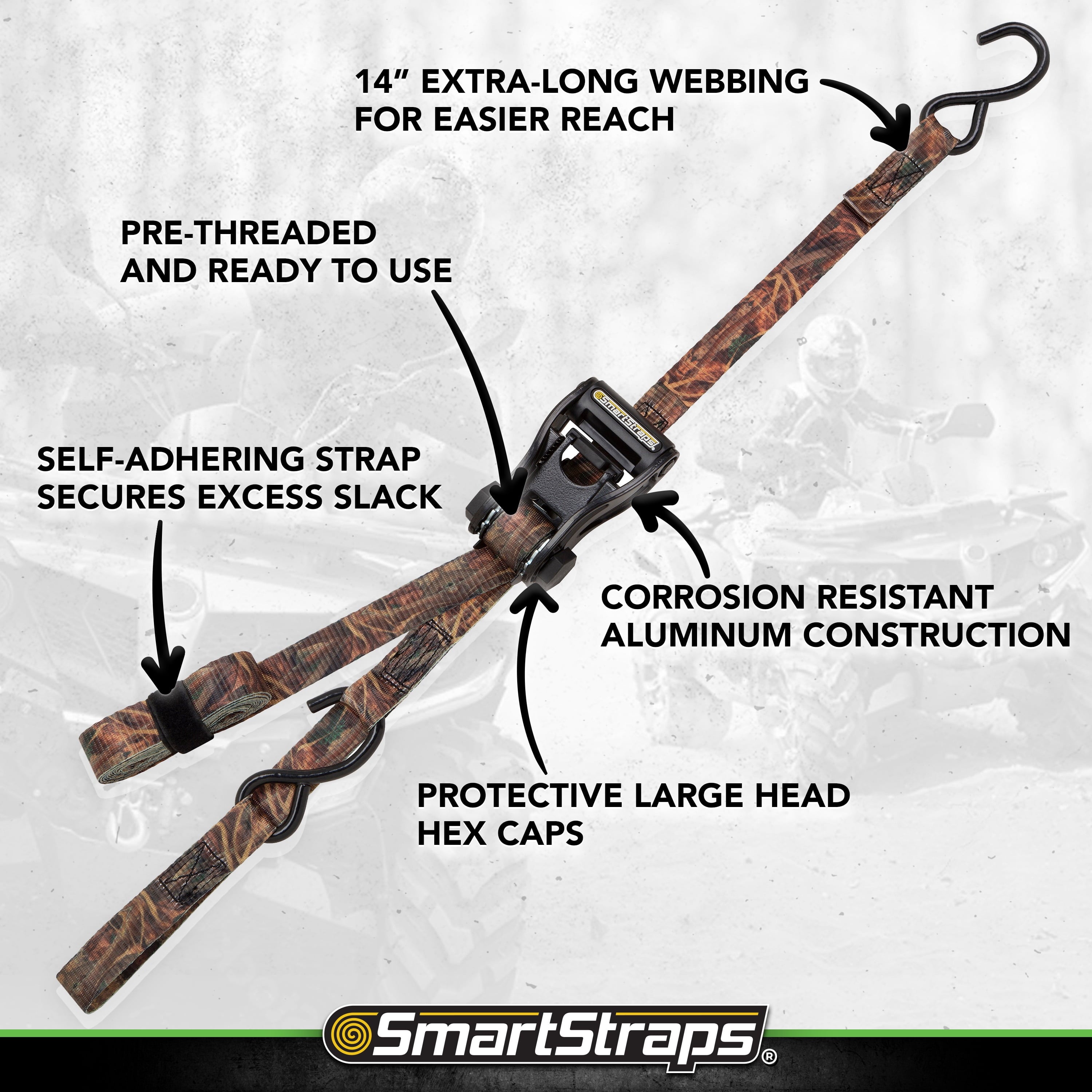 SmartStraps RatchetX Standard Duty Ratchet Tie Down Straps, 1" x 14 ft, 500 lb Safe Work Load, 1,500 lb Break Strength, Padded Handle, Camo, 4-Pack
