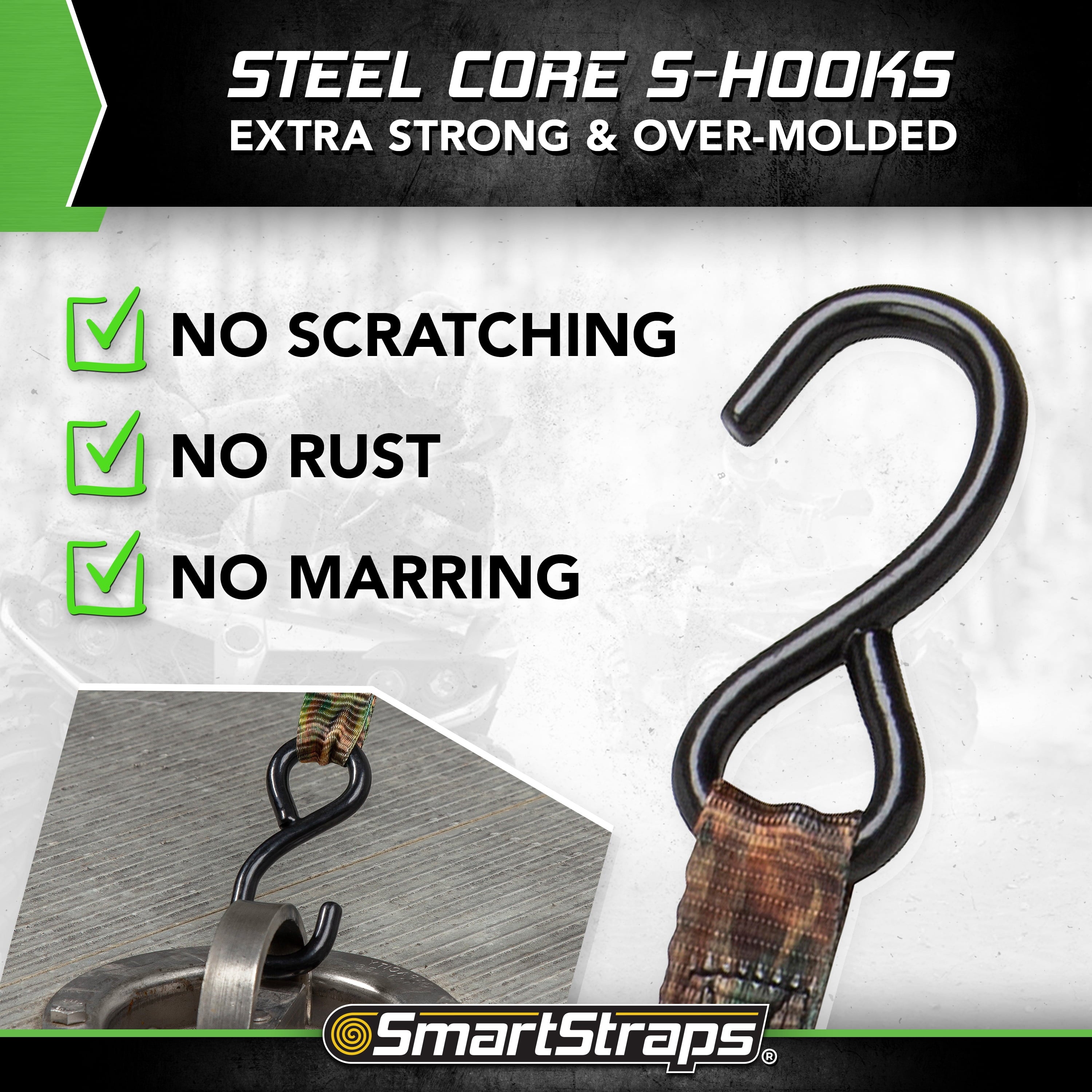 SmartStraps RatchetX Standard Duty Ratchet Tie Down Straps, 1" x 14 ft, 500 lb Safe Work Load, 1,500 lb Break Strength, Padded Handle, Camo, 4-Pack