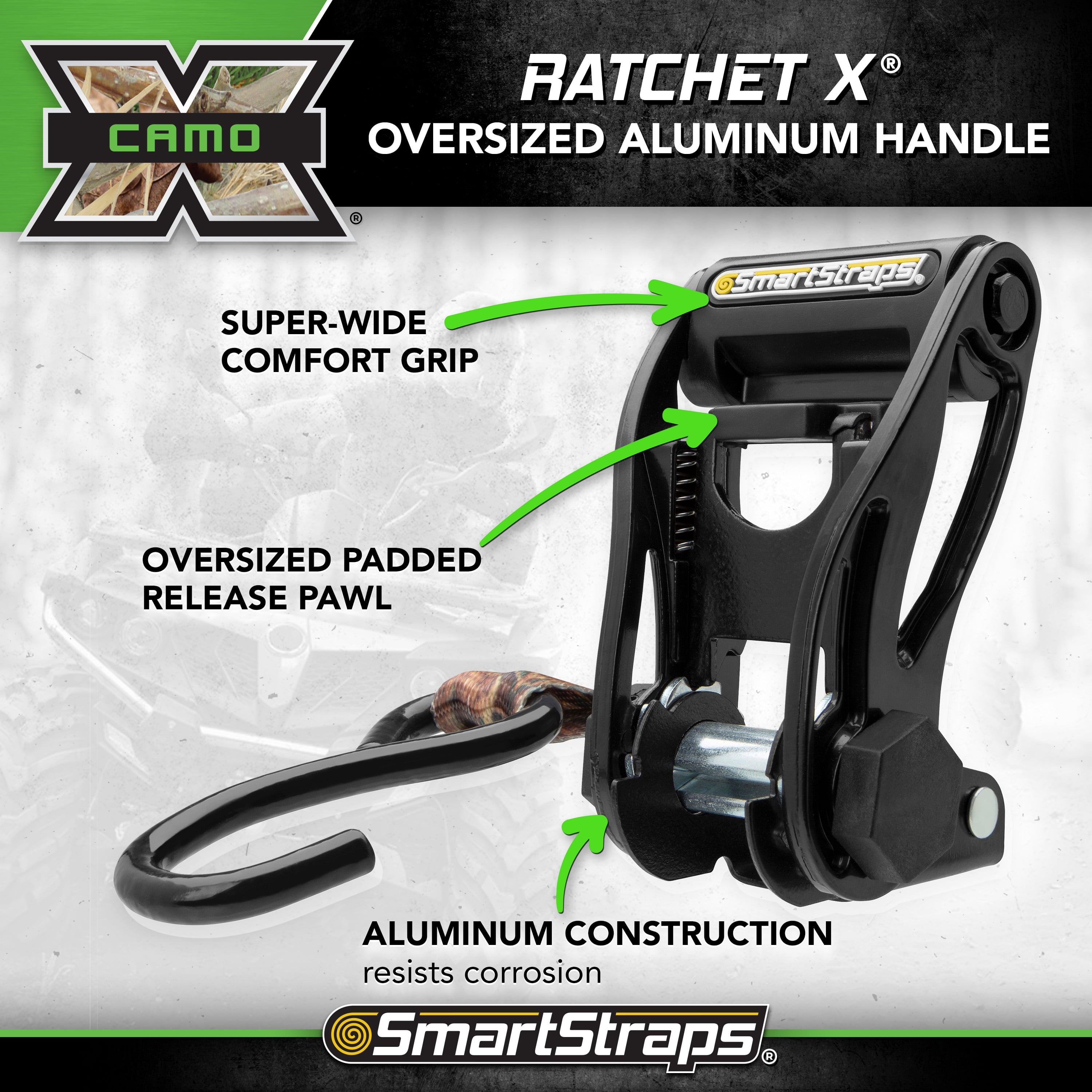 SmartStraps RatchetX Standard Duty Ratchet Tie Down Straps, 1" x 14 ft, 500 lb Safe Work Load, 1,500 lb Break Strength, Padded Handle, Camo, 4-Pack