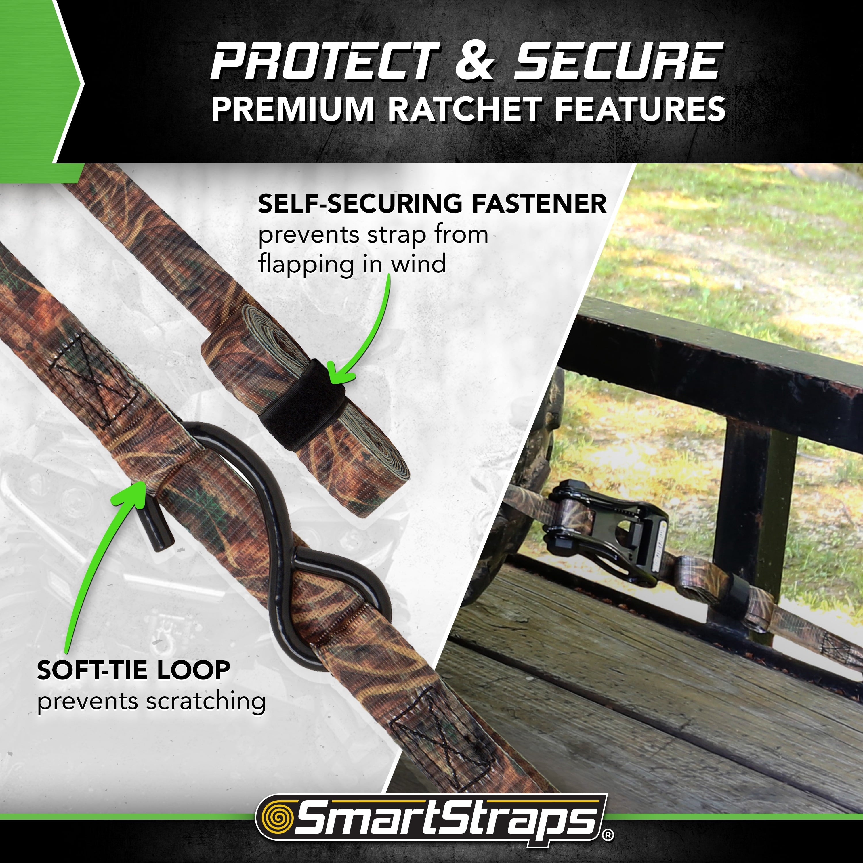 SmartStraps RatchetX Standard Duty Ratchet Tie Down Straps, 1" x 14 ft, 500 lb Safe Work Load, 1,500 lb Break Strength, Padded Handle, Camo, 4-Pack