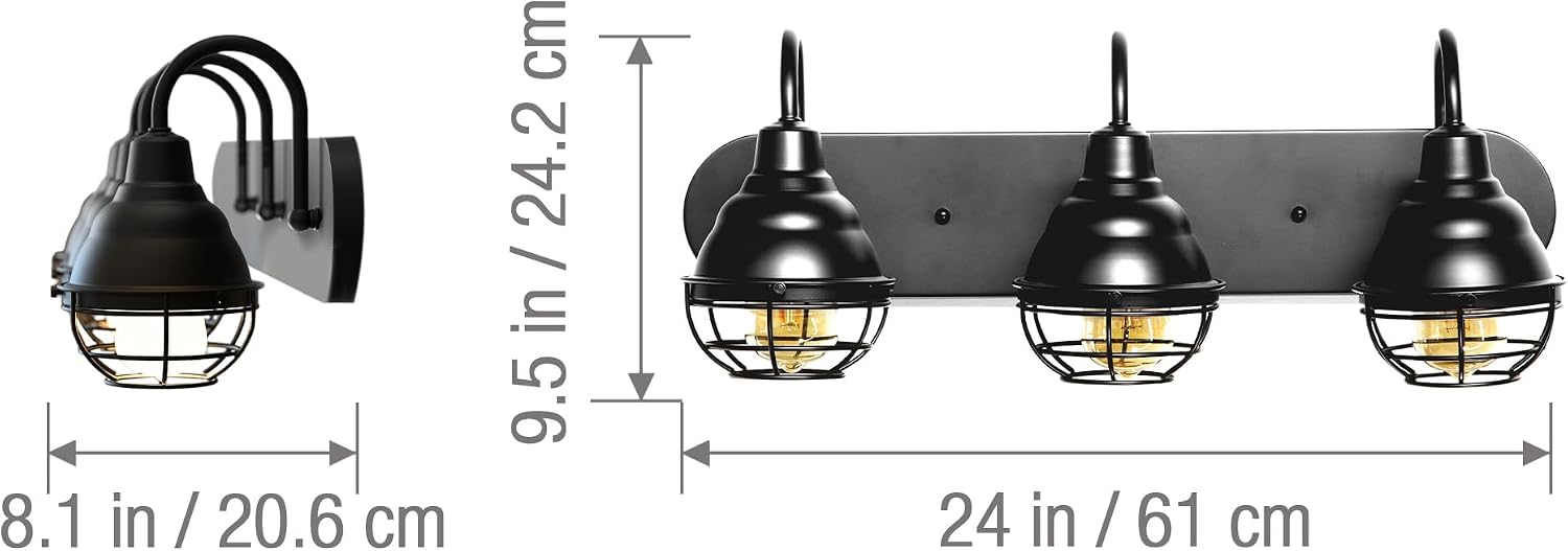 KODA Webster 24-in 3 Light Matte Black Industrial Bathroom Vanity light