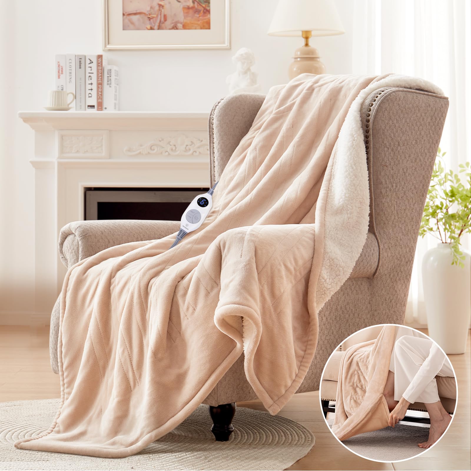 Westinghouse Electric Throw Blanket with Foot Pocket for Adults 50x62 | Soft Flannel to Sherpa Heated Throw with 6 Heating Levels & 2-10 Hours Time Settings, Fast Heating & Machine Washable