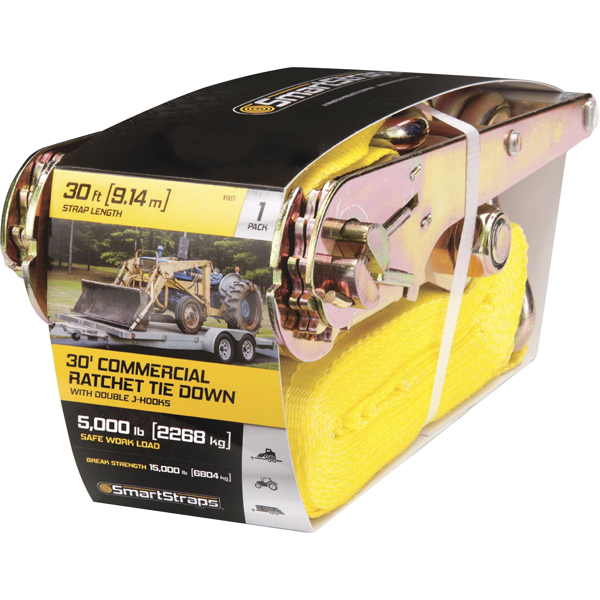 SmartStraps 4 in. x 30 ft. Yellow Commercial Ratchet Tie Down Strap with Double J Hooks, 5,000 lb. Safe Work Load - 1 pack
