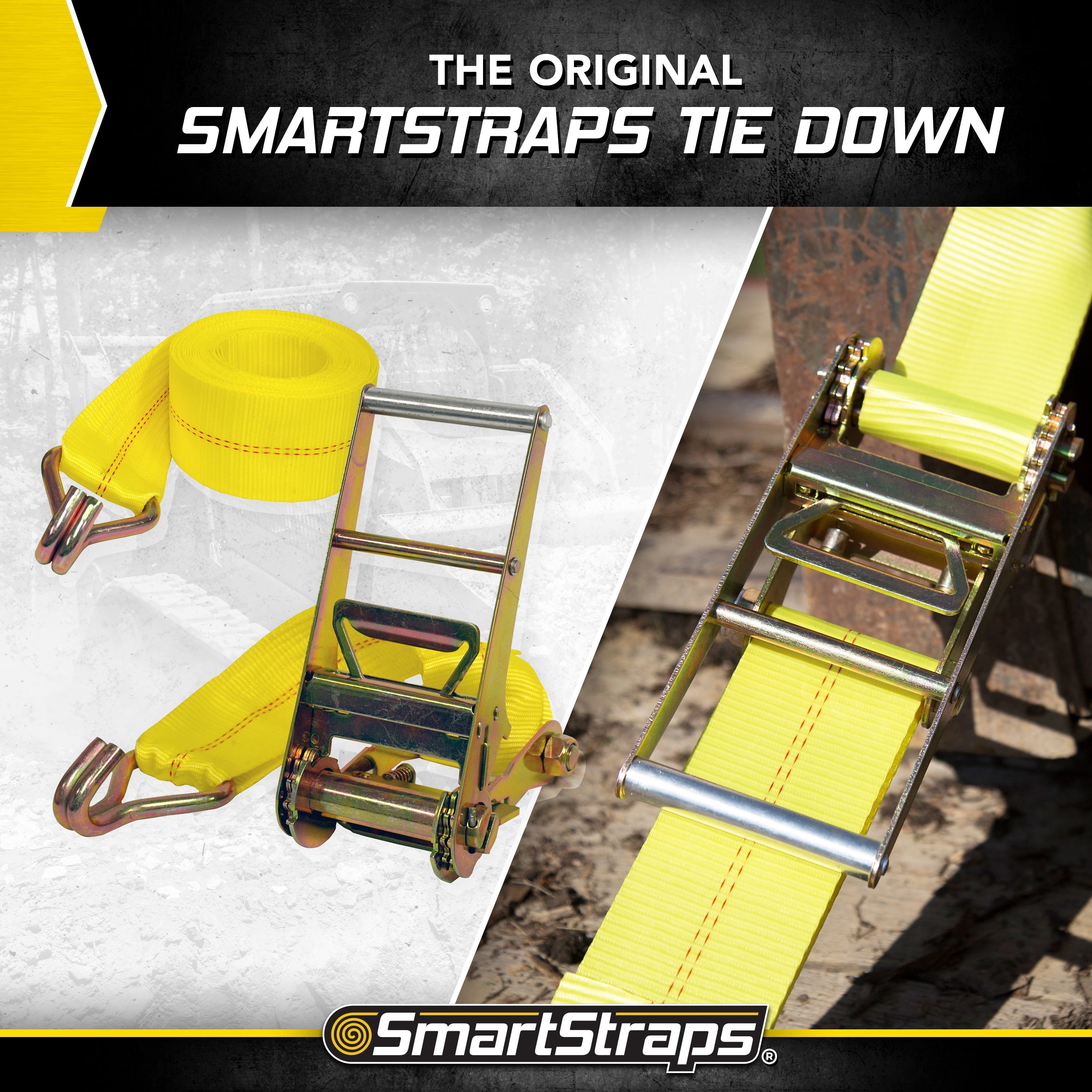 SmartStraps 4 in. x 30 ft. Yellow Commercial Ratchet Tie Down Strap with Double J Hooks, 5,000 lb. Safe Work Load - 1 pack
