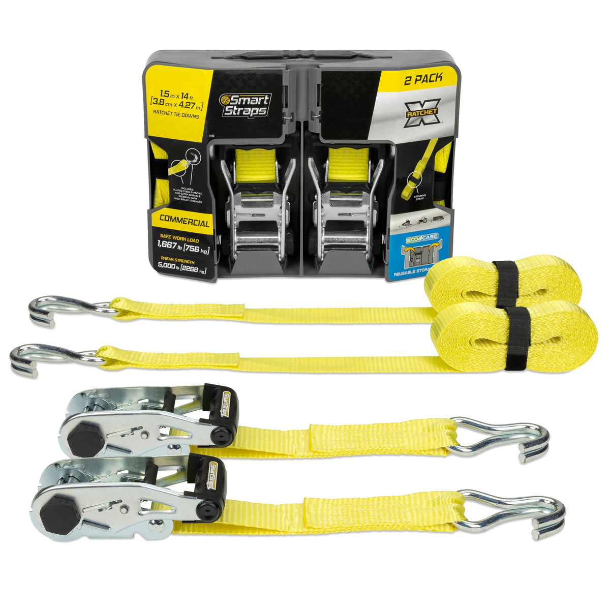 SmartStraps 14 Ratchet Straps, 2 Pack 5,000lbs Break Strength, 1,667lbs Safe Work Load Commercial Tie Down Straps for Heavy Duty Cargo, Haul Equipment and Vehicles 5000lbs - 2 Pack Yellow