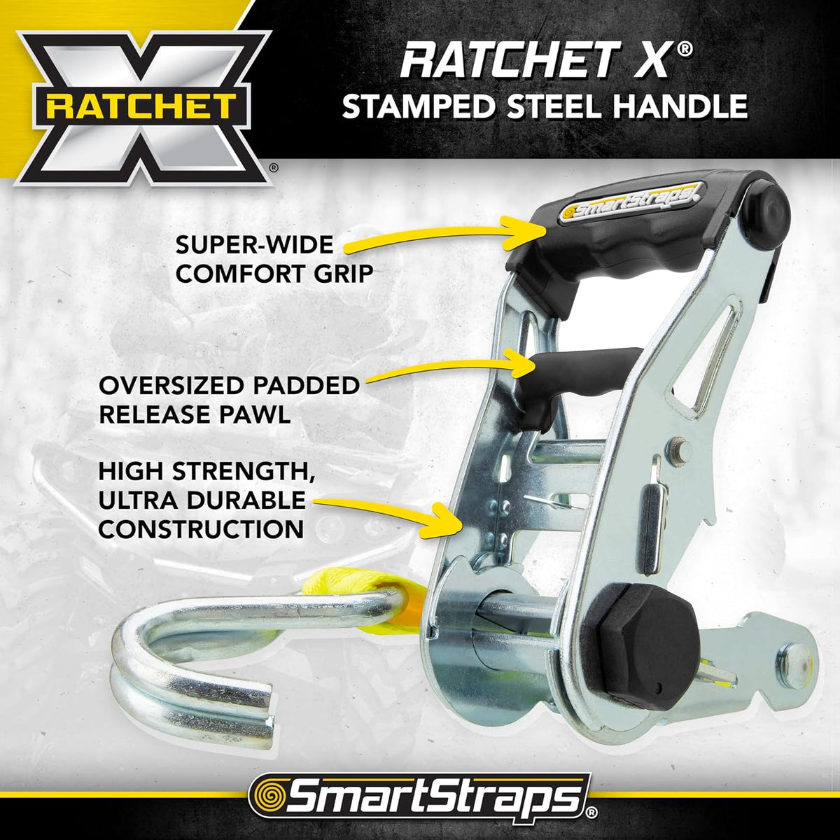 SmartStraps 14 Ratchet Straps, 2 Pack 5,000lbs Break Strength, 1,667lbs Safe Work Load Commercial Tie Down Straps for Heavy Duty Cargo, Haul Equipment and Vehicles 5000lbs - 2 Pack Yellow