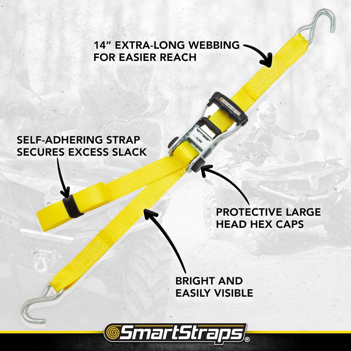 SmartStraps 14 Ratchet Straps, 2 Pack 5,000lbs Break Strength, 1,667lbs Safe Work Load Commercial Tie Down Straps for Heavy Duty Cargo, Haul Equipment and Vehicles 5000lbs - 2 Pack Yellow