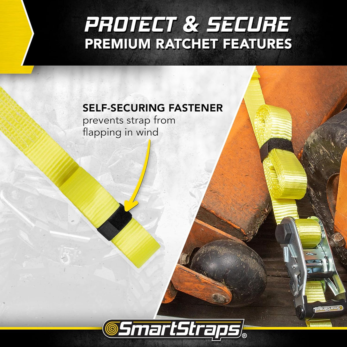SmartStraps 14 Ratchet Straps, 2 Pack 5,000lbs Break Strength, 1,667lbs Safe Work Load Commercial Tie Down Straps for Heavy Duty Cargo, Haul Equipment and Vehicles 5000lbs - 2 Pack Yellow