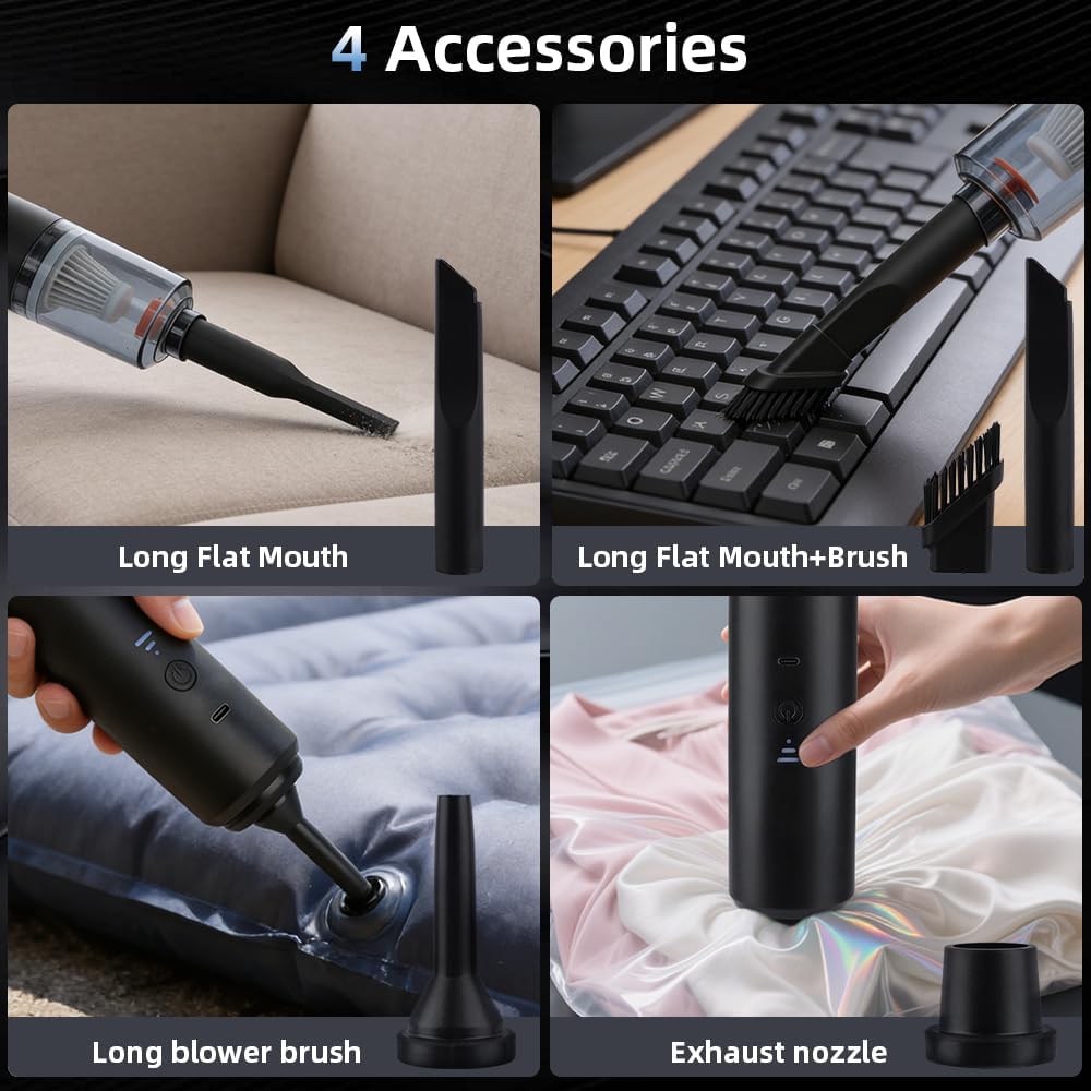4-in-1 Rechargeable Handheld Vacuum Cleaner Blower, with Multi-Nozzles, Washable Filter, Strong Suction & Blowing, Black