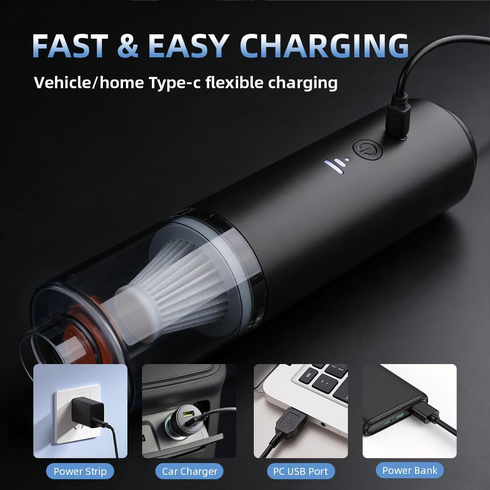 4-in-1 Rechargeable Handheld Vacuum Cleaner Blower, with Multi-Nozzles, Washable Filter, Strong Suction & Blowing, Black
