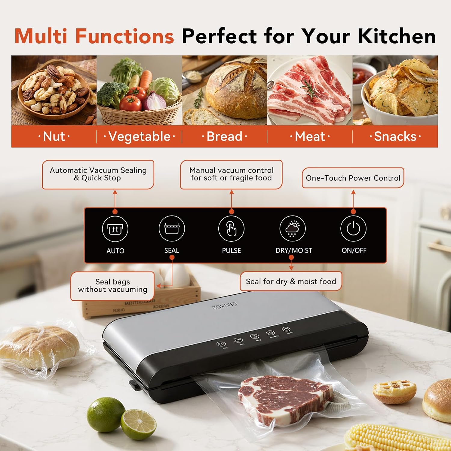 DOMIVIO 85Kpa Vacuum Sealer Machine for Food, 5-in-1 Food Saver with 20 BPA-Free Bags  Dry & Moist Modes, Compact Easy-to-Use Vacuum Sealer for Meal Prep (SJ2085)