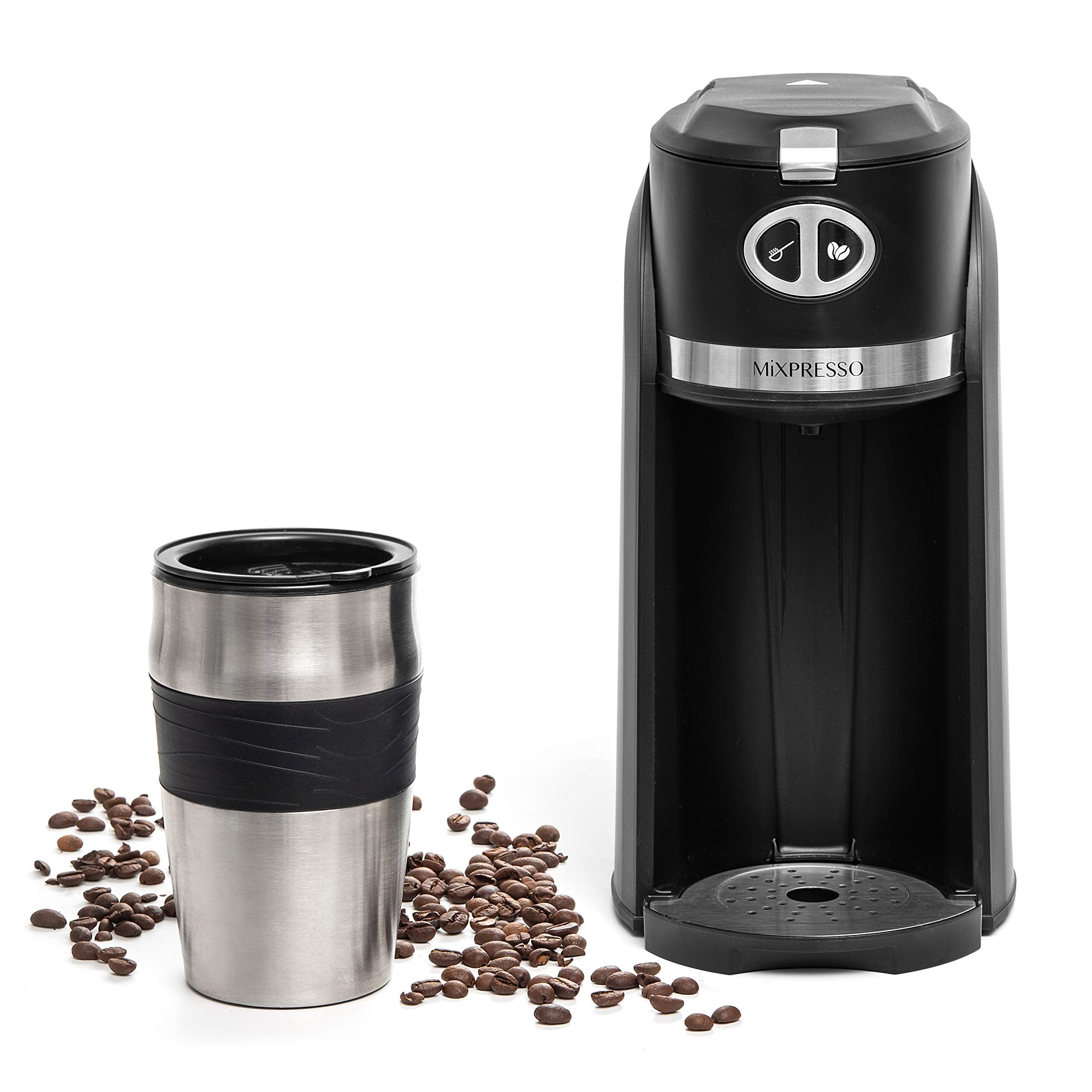 Mixpresso 2 in 1 Grind & Brew Automatic Personal Coffee Maker, Automatic Single Serve Coffee Maker with Grinder Built-In and 14oz Travel Mug, Auto Shut Off Function, Black