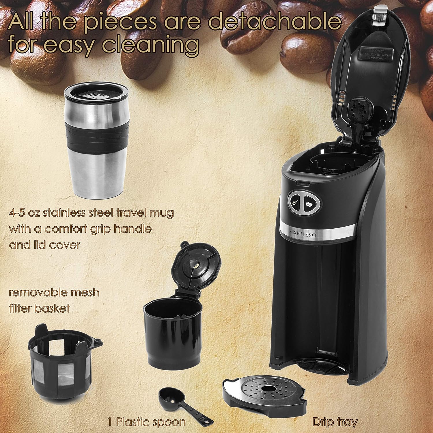Mixpresso 2 in 1 Grind & Brew Automatic Personal Coffee Maker, Automatic Single Serve Coffee Maker with Grinder Built-In and 14oz Travel Mug, Auto Shut Off Function, Black