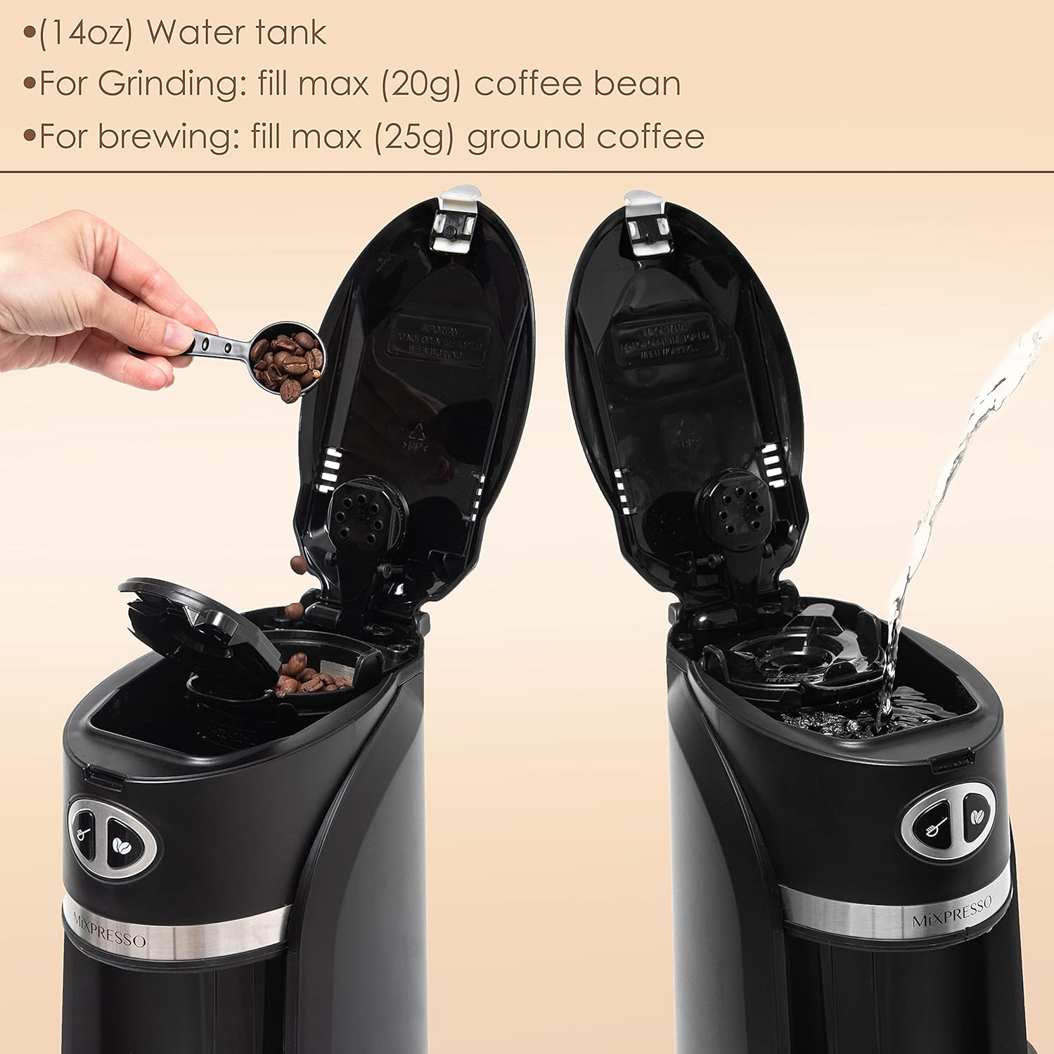 Mixpresso 2 in 1 Grind & Brew Automatic Personal Coffee Maker, Automatic Single Serve Coffee Maker with Grinder Built-In and 14oz Travel Mug, Auto Shut Off Function, Black