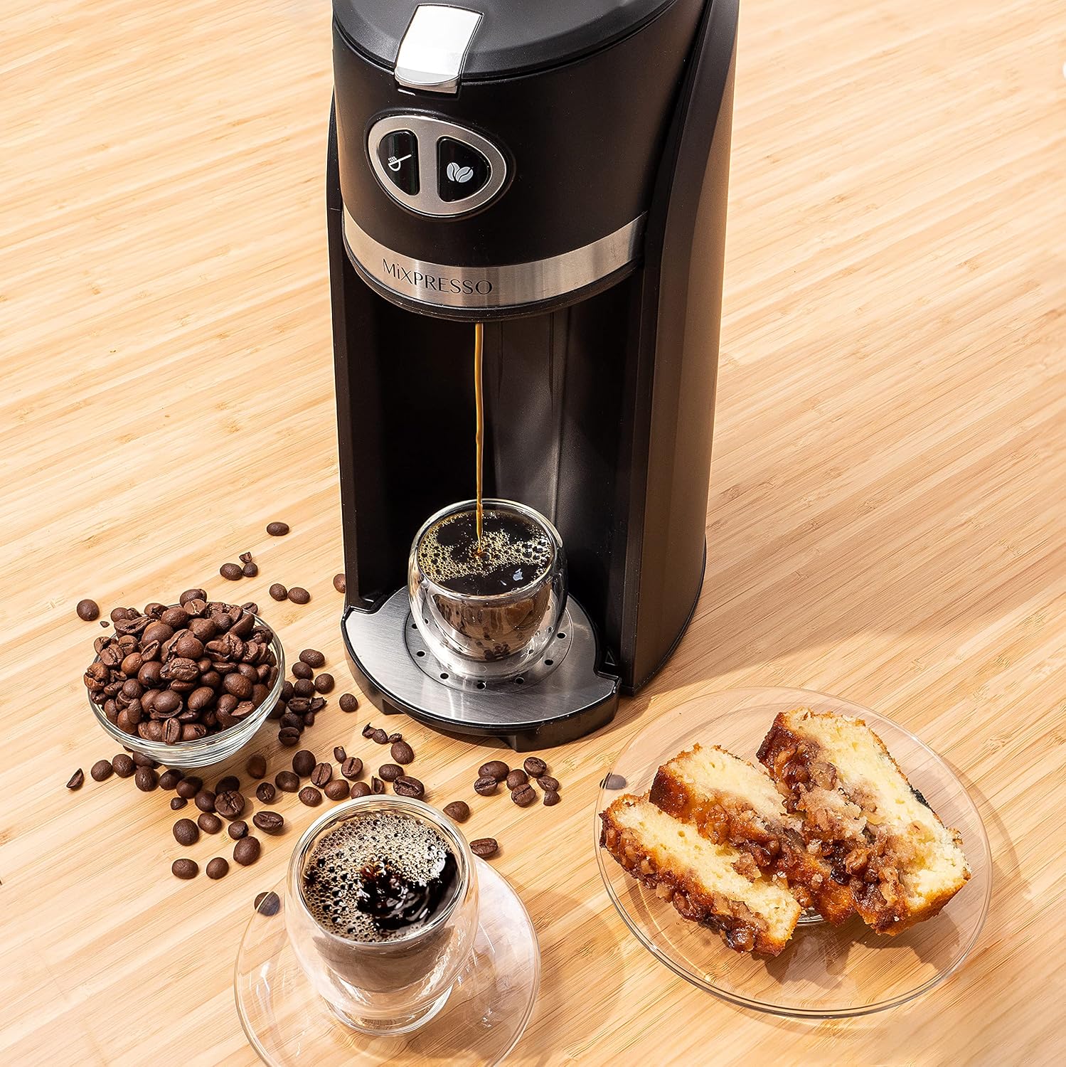 Mixpresso 2 in 1 Grind & Brew Automatic Personal Coffee Maker, Automatic Single Serve Coffee Maker with Grinder Built-In and 14oz Travel Mug, Auto Shut Off Function, Black