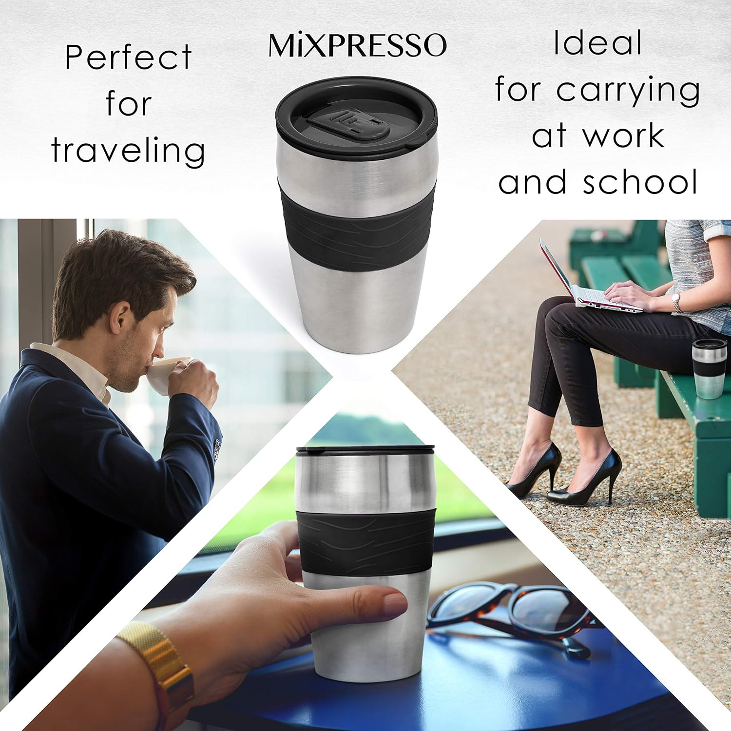 Mixpresso 2 in 1 Grind & Brew Automatic Personal Coffee Maker, Automatic Single Serve Coffee Maker with Grinder Built-In and 14oz Travel Mug, Auto Shut Off Function, Black