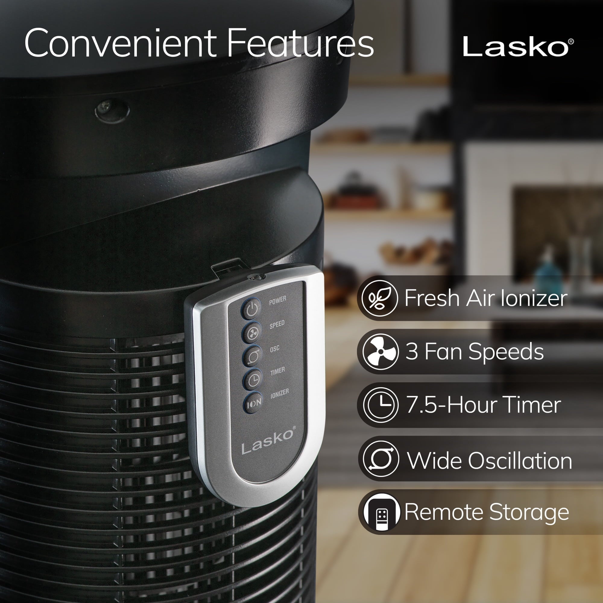 Lasko Wind Curve 42" 3-Speed Oscillating, Remote, 7.5-Hour Timer, Ionizer Tower Fan T42950