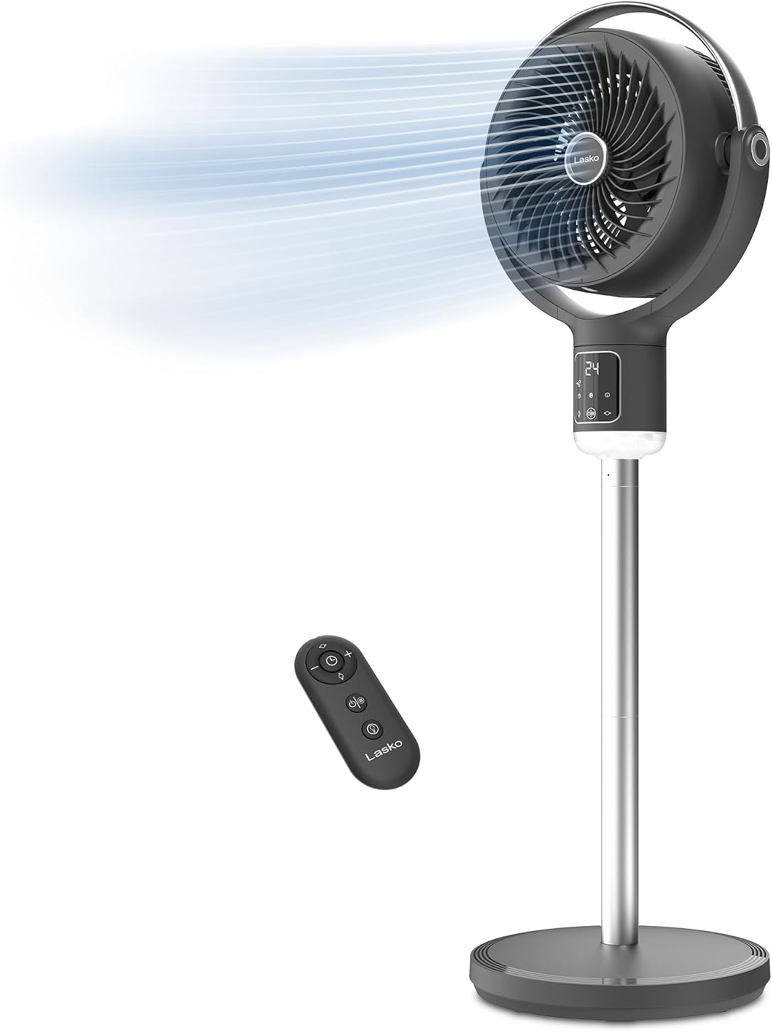 Lasko Whirlwind Orbital Motion Pedestal Fan with WhisperForce DC Technology, 25ft/s Airflow, 25dBA, Night Light, 24Hr Timer, Adjustable Height 21" - 39", Remote Control, Gray, APDC215