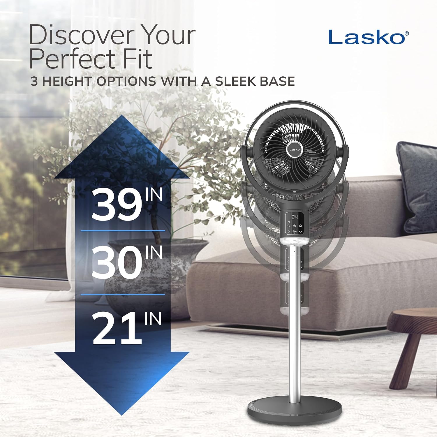 Lasko Whirlwind Orbital Motion Pedestal Fan with WhisperForce DC Technology, 25ft/s Airflow, 25dBA, Night Light, 24Hr Timer, Adjustable Height 21" - 39", Remote Control, Gray, APDC215