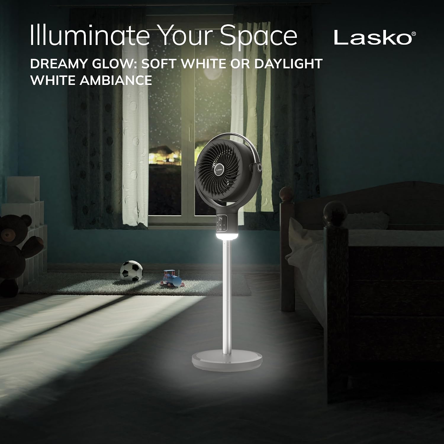 Lasko Whirlwind Orbital Motion Pedestal Fan with WhisperForce DC Technology, 25ft/s Airflow, 25dBA, Night Light, 24Hr Timer, Adjustable Height 21" - 39", Remote Control, Gray, APDC215