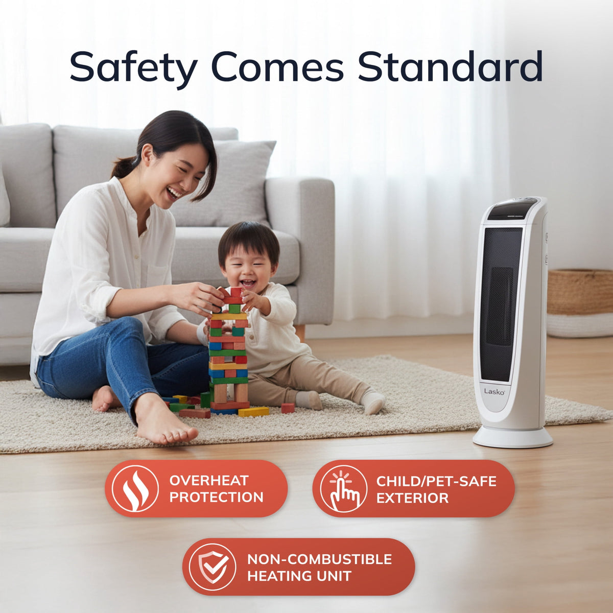 Lasko 23" 1500W Electric Digital Ceramic Tower Space Heater with Remote, White, 5165