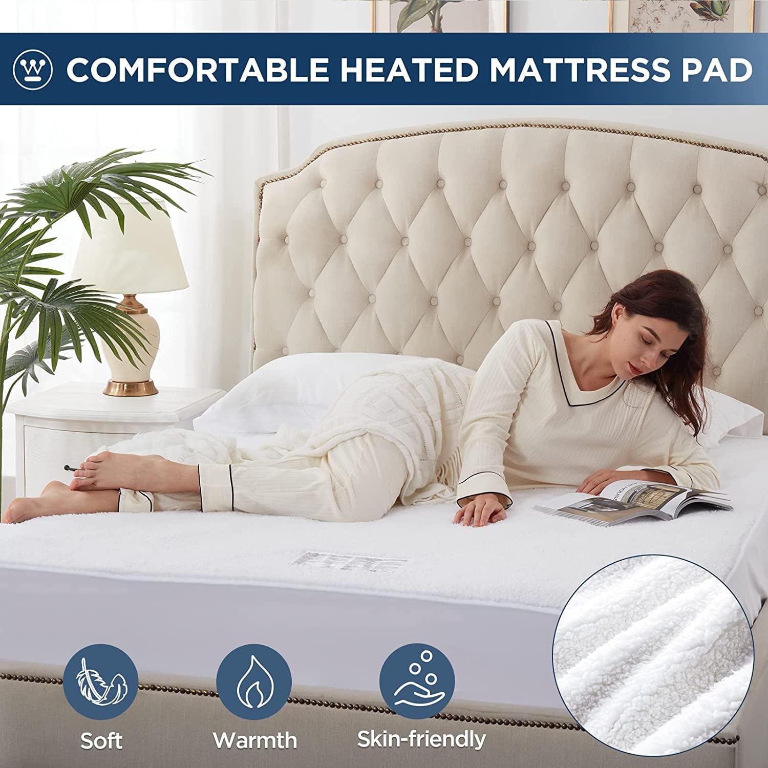 Westinghouse Electric Heated Mattress Pad with Dual Control, Sherpa Mattress Cover, 10 Heat Settings & 1-12-Hour Time Setting, White