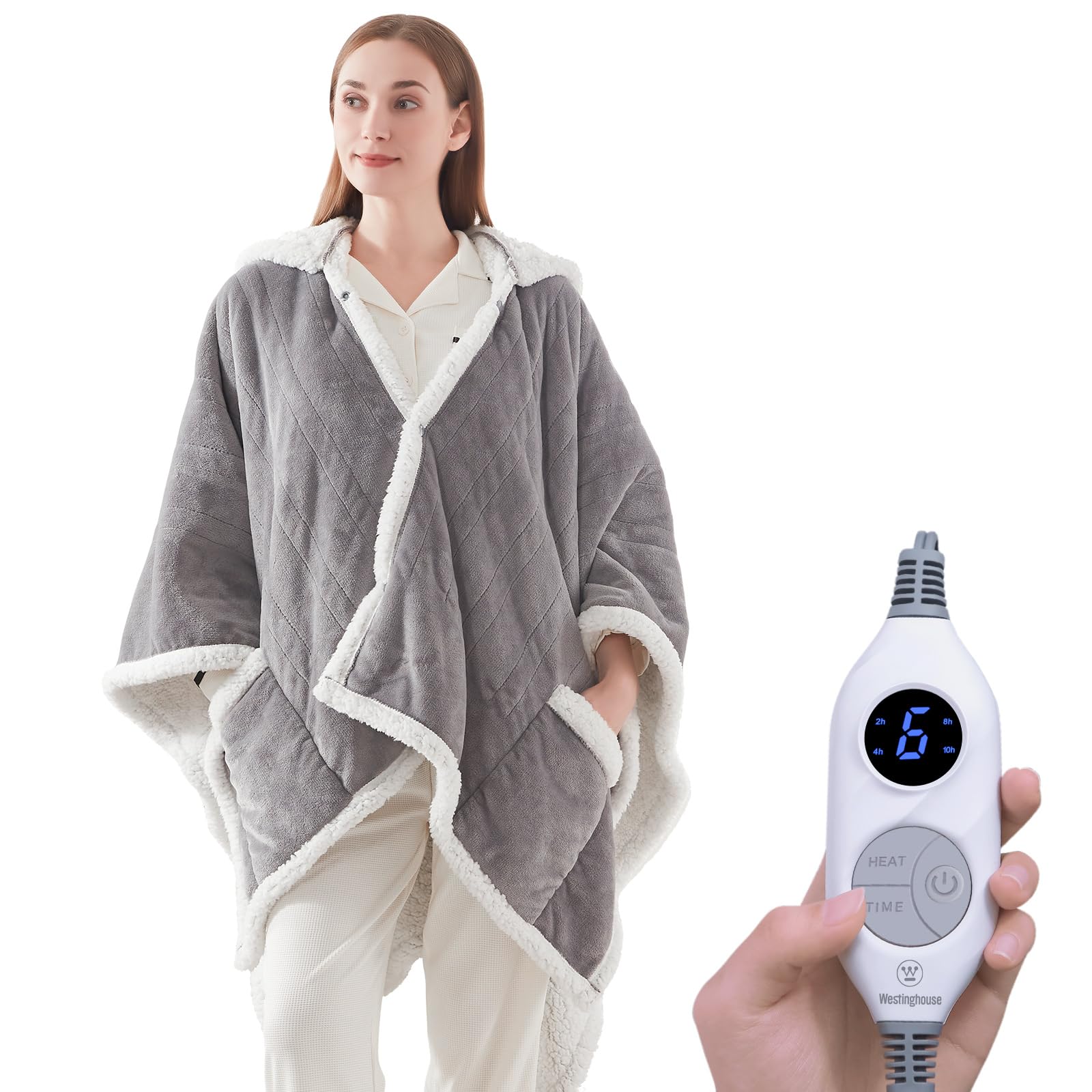 Westinghouse Wearable Electric Throw Flannel Sherpa 50x60 Inch | Electric Shawl Wrap with Pockets, Wearable Heated Poncho Hoodie with 6 Heating Levels & 2-10 Hours Auto Shut Off, Home Office Light Grey 60*50" Heated Hoodie Blanket (Short)