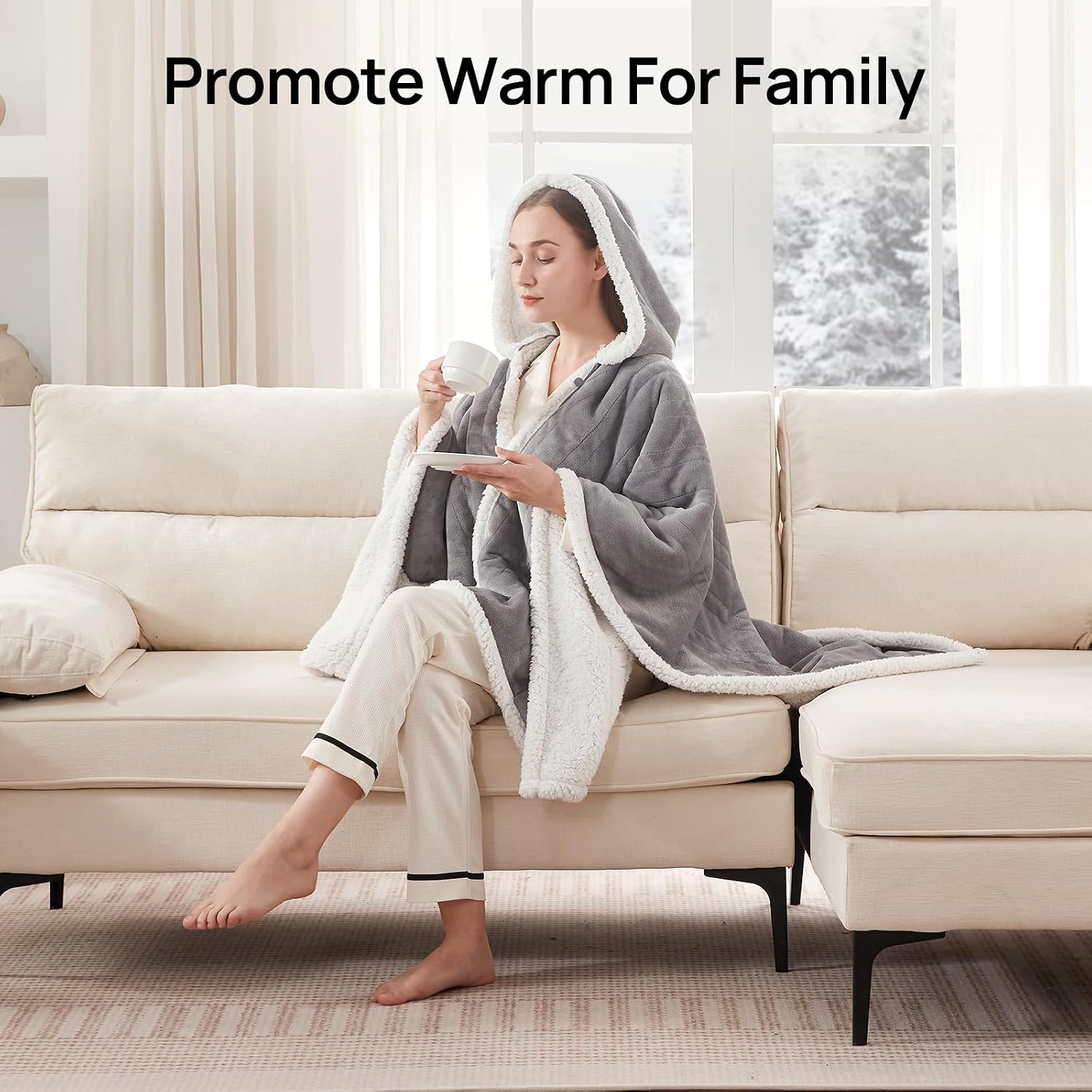 Westinghouse Wearable Electric Throw Flannel Sherpa 50x60 Inch | Electric Shawl Wrap with Pockets, Wearable Heated Poncho Hoodie with 6 Heating Levels & 2-10 Hours Auto Shut Off, Home Office Light Grey 60*50" Heated Hoodie Blanket (Short)