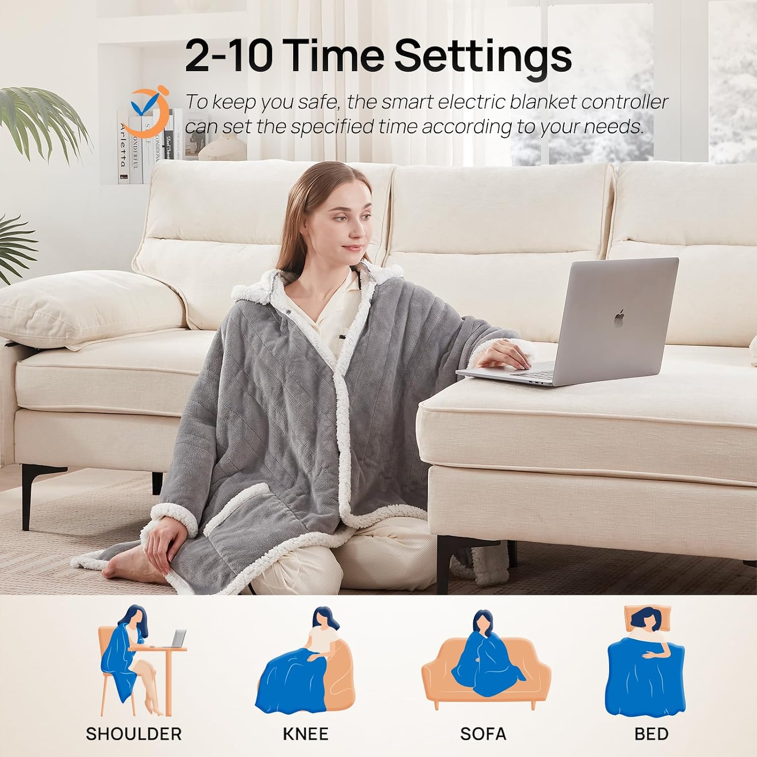Westinghouse Wearable Electric Throw Flannel Sherpa 50x60 Inch | Electric Shawl Wrap with Pockets, Wearable Heated Poncho Hoodie with 6 Heating Levels & 2-10 Hours Auto Shut Off, Home Office Light Grey 60*50" Heated Hoodie Blanket (Short)
