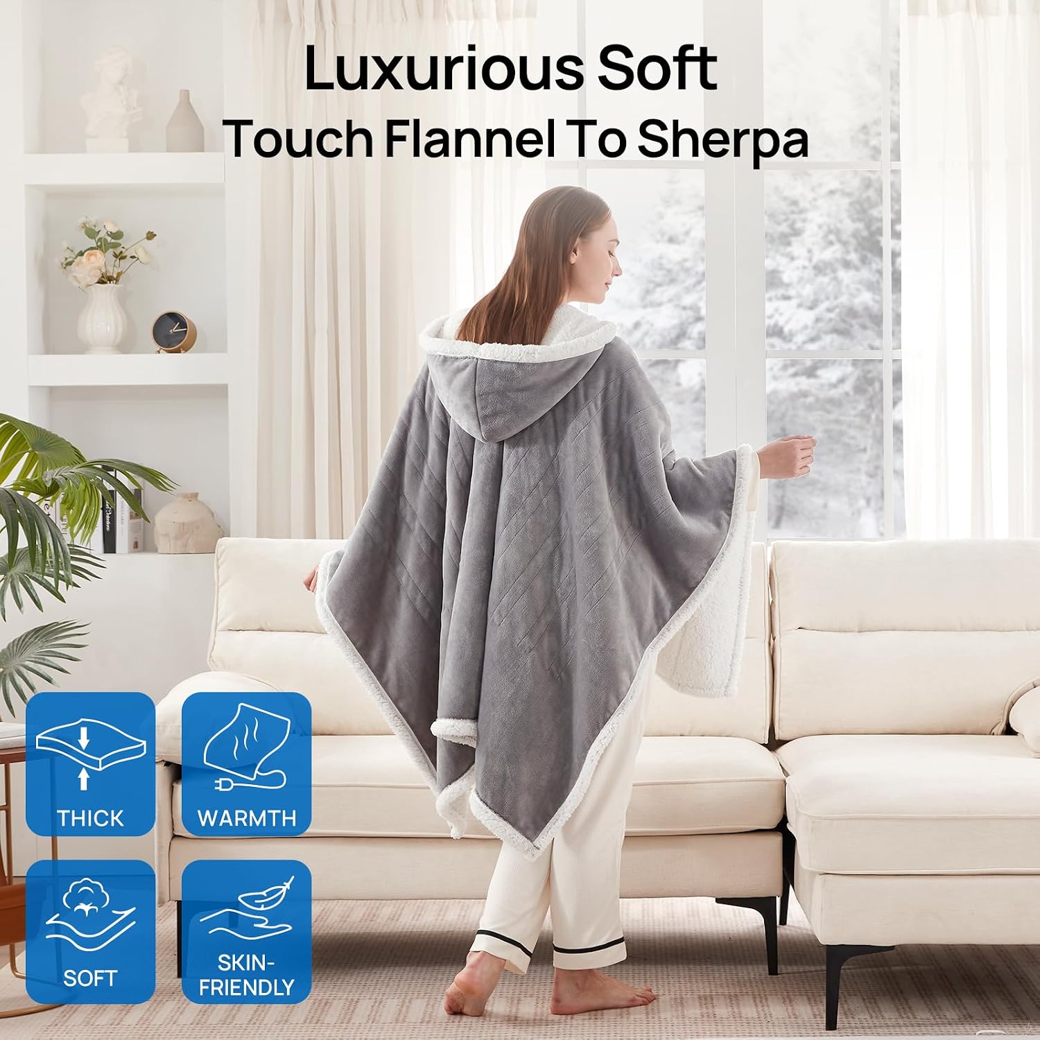 Westinghouse Wearable Electric Throw Flannel Sherpa 50x60 Inch | Electric Shawl Wrap with Pockets, Wearable Heated Poncho Hoodie with 6 Heating Levels & 2-10 Hours Auto Shut Off, Home Office Light Grey 60*50" Heated Hoodie Blanket (Short)