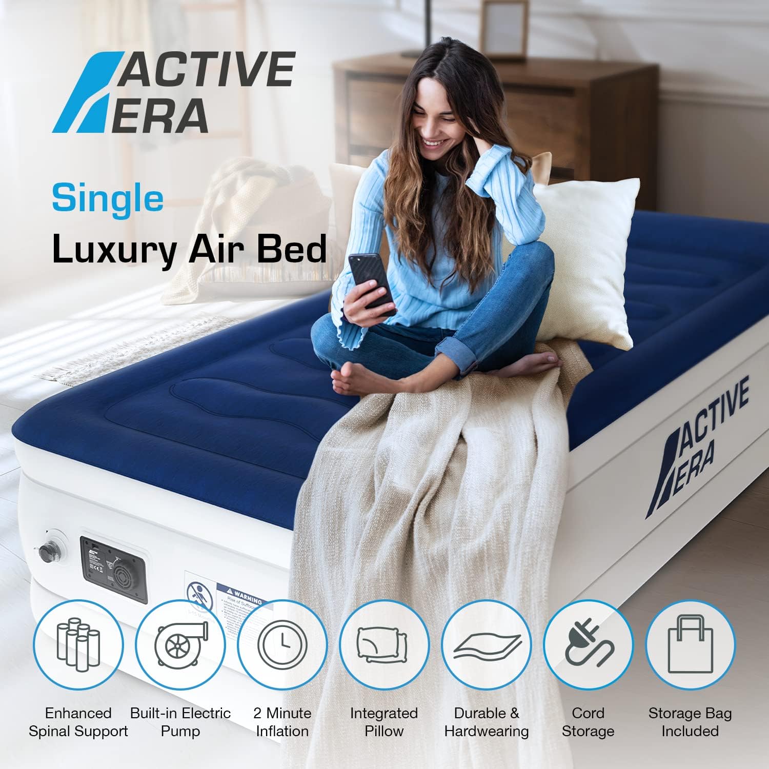 Active Era 21" Twin Air Mattress with Built-in Pump & Raised Pillow - Heavy Duty Puncture Resistant, Waterproof Blow Up Bed Twin Luxury (Slightly damaged Packaging)
