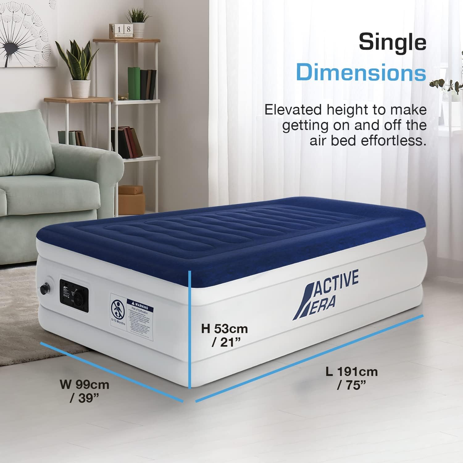 Active Era 21" Twin Air Mattress with Built-in Pump & Raised Pillow - Heavy Duty Puncture Resistant, Waterproof Blow Up Bed Twin Luxury (Slightly damaged Packaging)