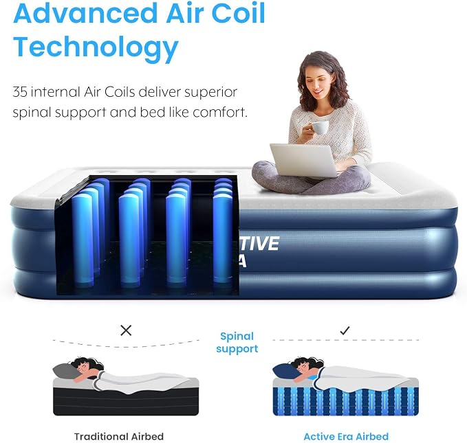 Active Era Premium 13" Queen Air Mattress with Built-in Electric Pump & Travel Bag