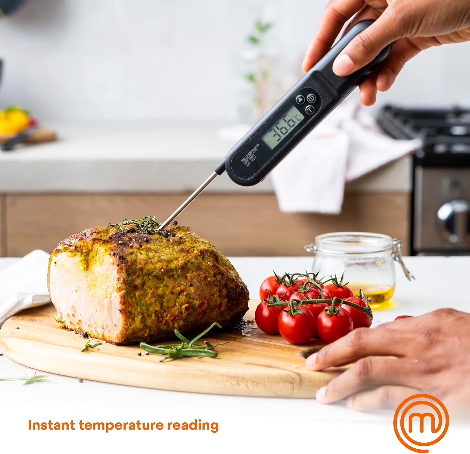 MasterChef Meat Thermometer Digital, Temperature Probe for Food (Steak, Chicken) & Liquids (Coffee, Tea, Milk), Portable BBQ Grill Gadget, Instant Read LED Display (F & C), Foldable, Black