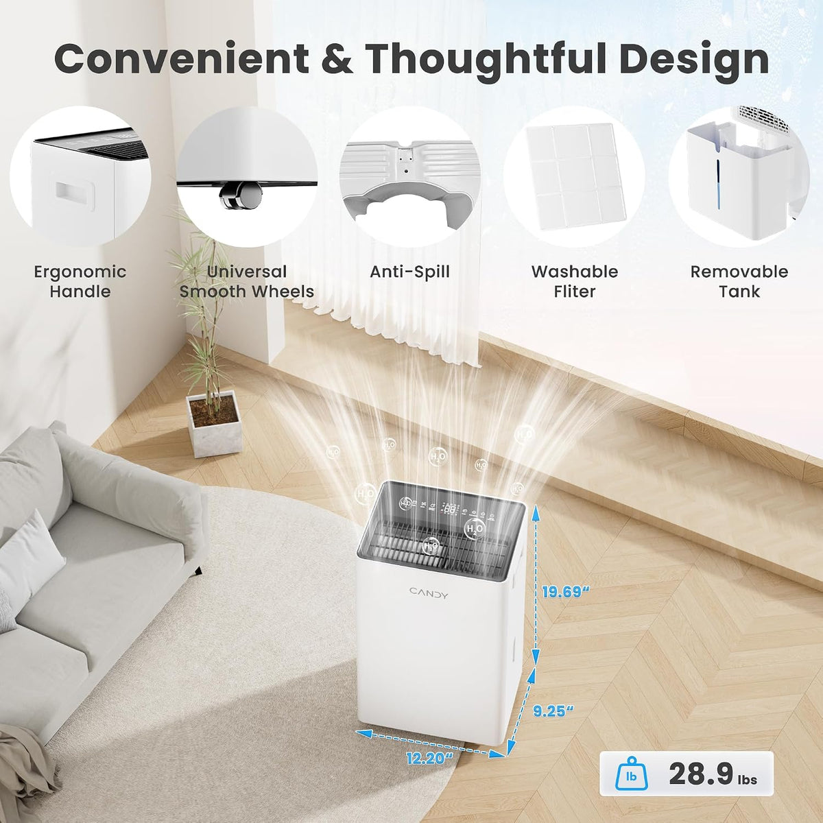 Candy 4500 Sq.Ft Dehumidifier for Basement 53 Pints Dehumidifiers for Home, White