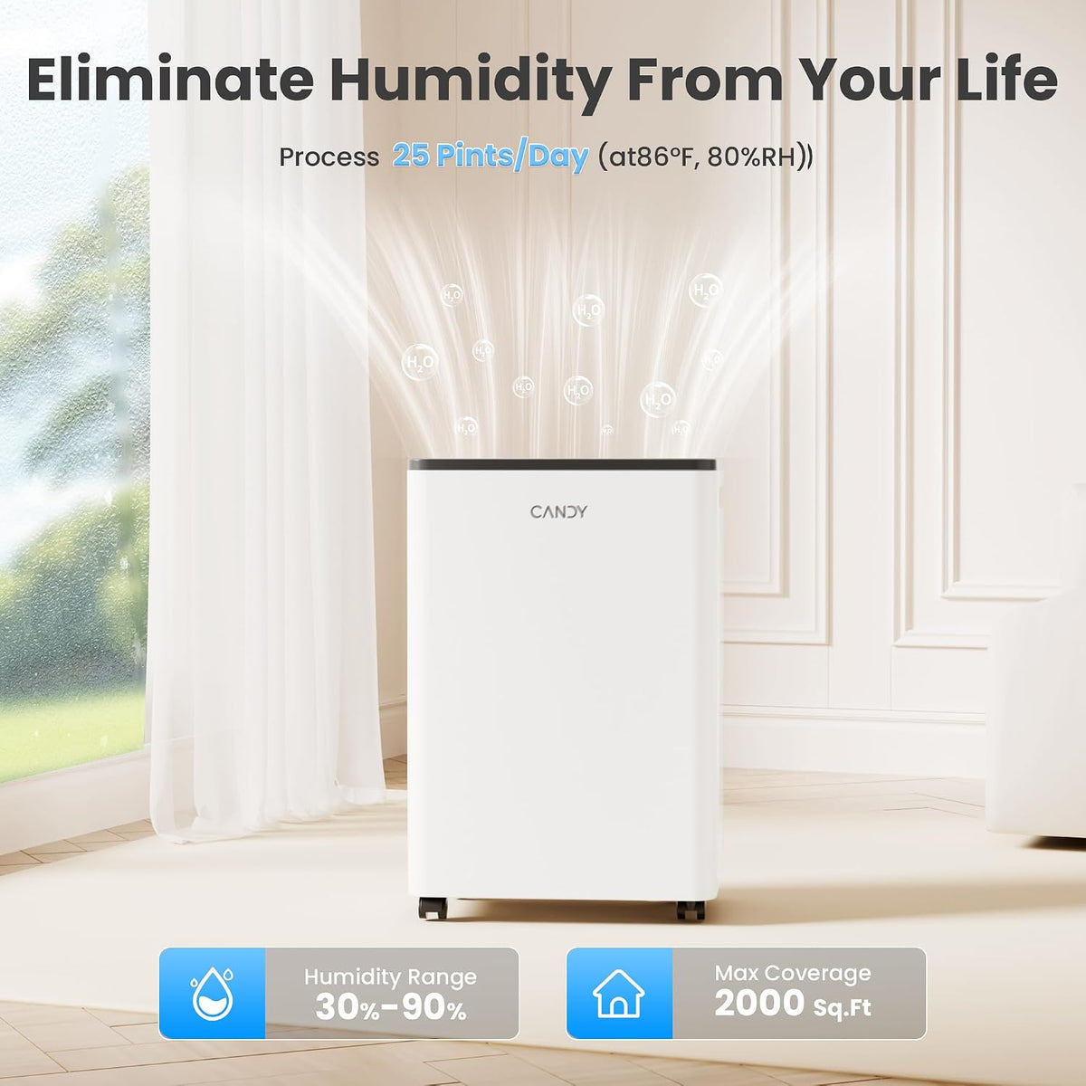 Candy 2000 Sq.Ft Dehumidifiers for Home 25 Pints Portable Dehumidifier With Continuous/Auto Mode, White