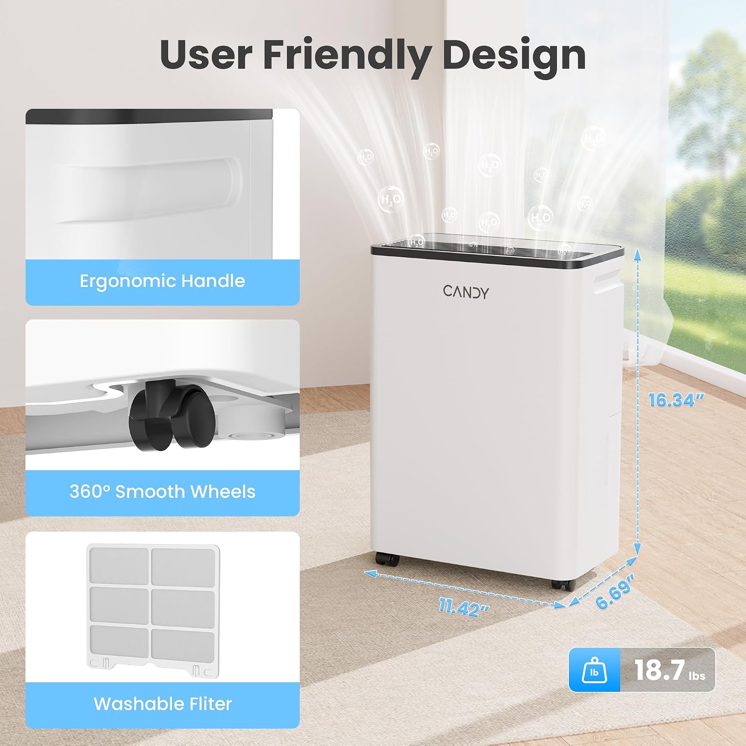 Candy 2000 Sq.Ft Dehumidifiers for Home 25 Pints Portable Dehumidifier With Continuous/Auto Mode, White