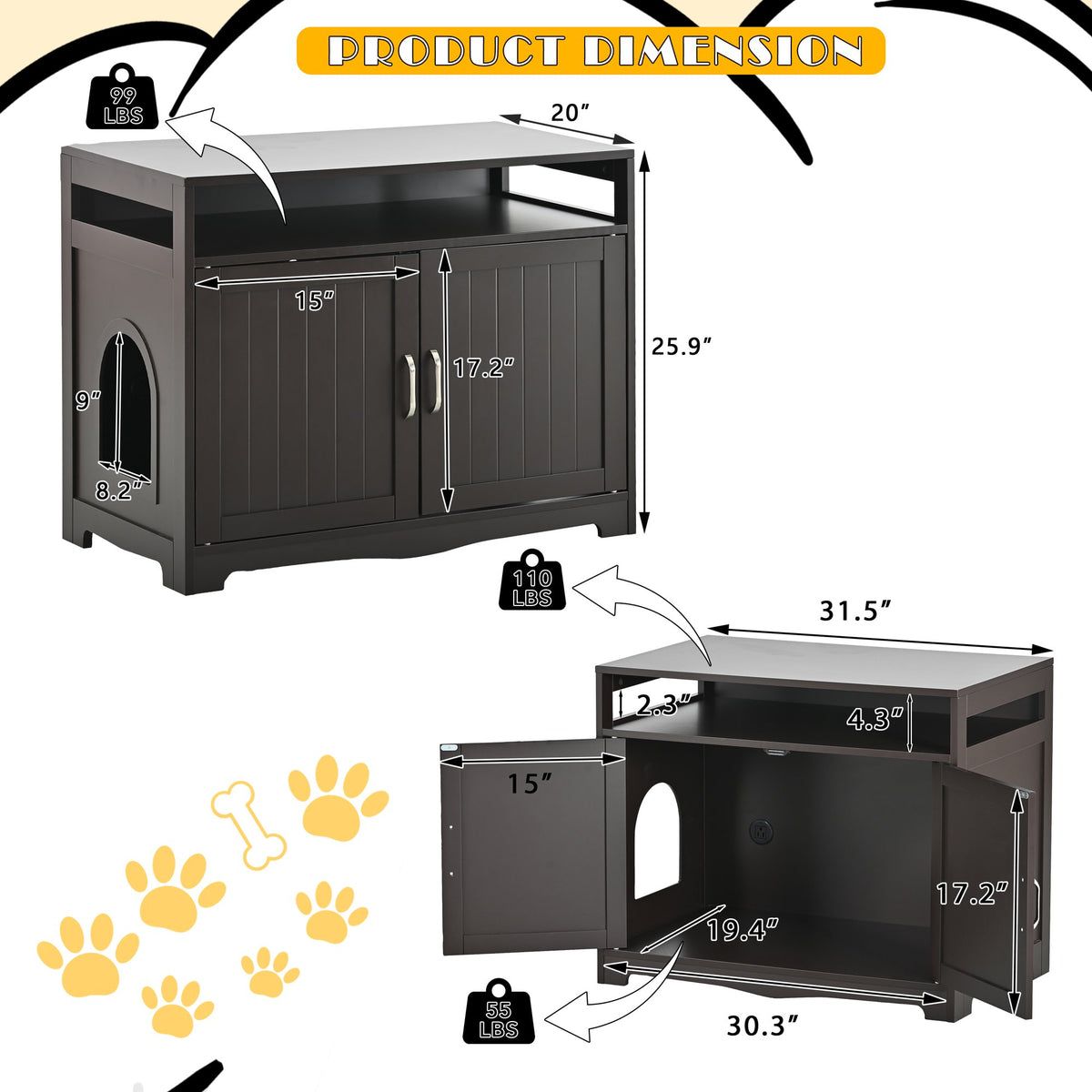 Cat Litter Box Enclosure with Hidden Plug and 2 Doors