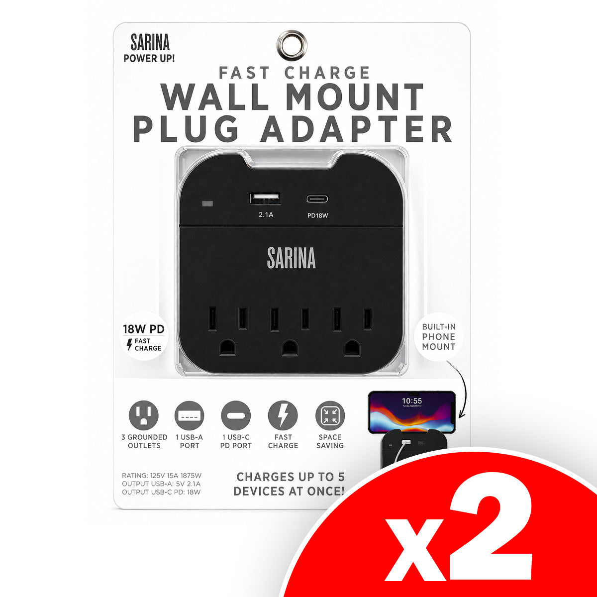 Sarina Fast Charge Wall Mount Plug Adapter with Built in Phone Mount