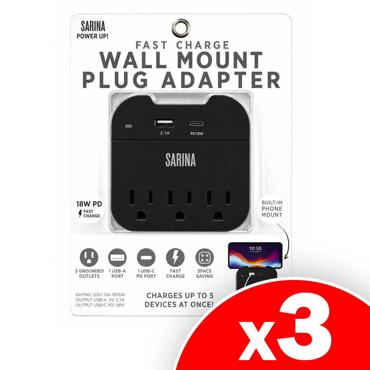 Sarina Fast Charge Wall Mount Plug Adapter with Built in Phone Mount