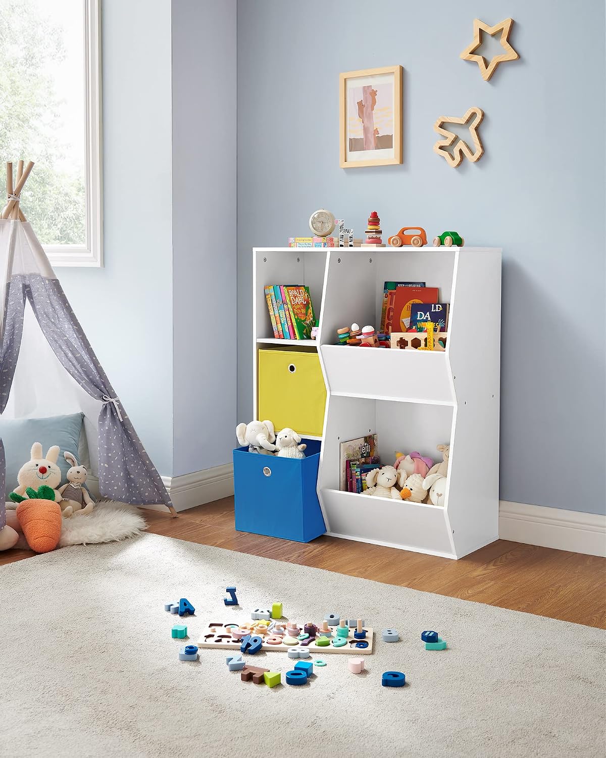 SONGMICS 3 shelves Toy Storage Organizer, with Compartments, Shelves and Fabric Bins, for Kids Room, Playroom, White