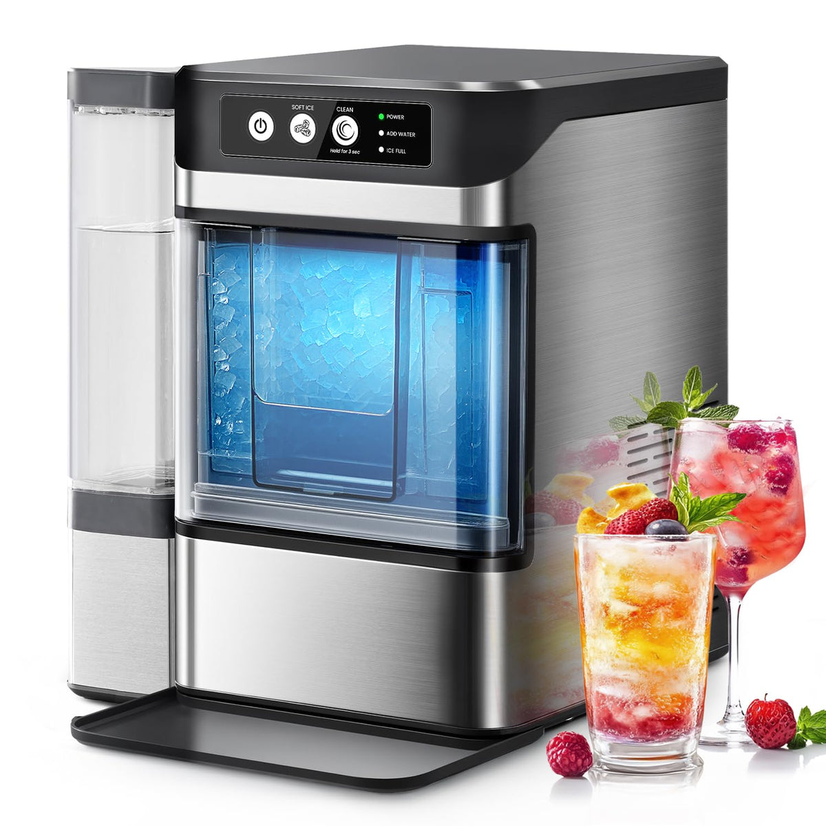 Countertop Nugget Ice Maker with 0.793 Gallon Tank, Large Capacity Ice Makers Countertop, 41Lbs/24H, Self-Cleaning, One-Click Operation Stainless Steel