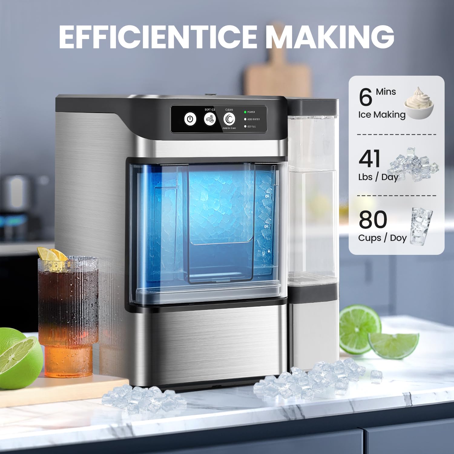 Countertop Nugget Ice Maker with 0.793 Gallon Tank, Large Capacity Ice Makers Countertop, 41Lbs/24H, Self-Cleaning, One-Click Operation Stainless Steel