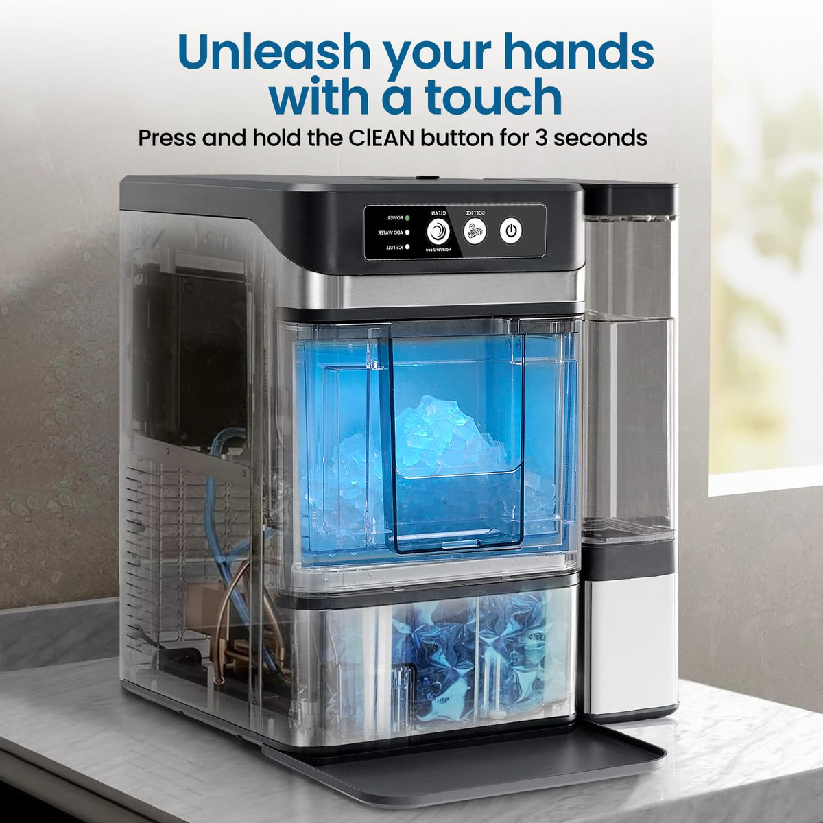 Countertop Nugget Ice Maker with 0.793 Gallon Tank, Large Capacity Ice Makers Countertop, 41Lbs/24H, Self-Cleaning, One-Click Operation Stainless Steel