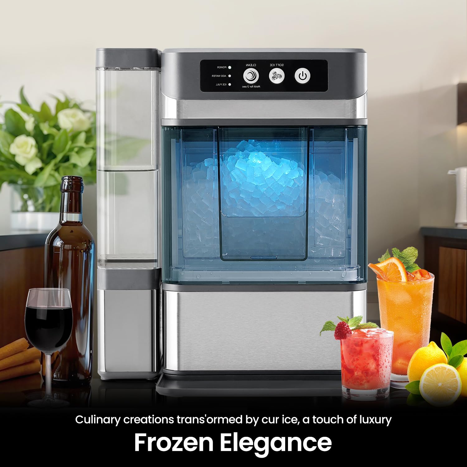 Countertop Nugget Ice Maker with 0.793 Gallon Tank, Large Capacity Ice Makers Countertop, 41Lbs/24H, Self-Cleaning, One-Click Operation Stainless Steel