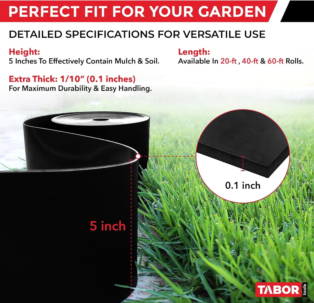 TABOR TOOLS 60 Ft Terrace Board, 5 Inch High, 0.1" Inch Thickness, Landscape Edging Coil, Grass Barrier, Bender Board, Garden Liner, (Black)
