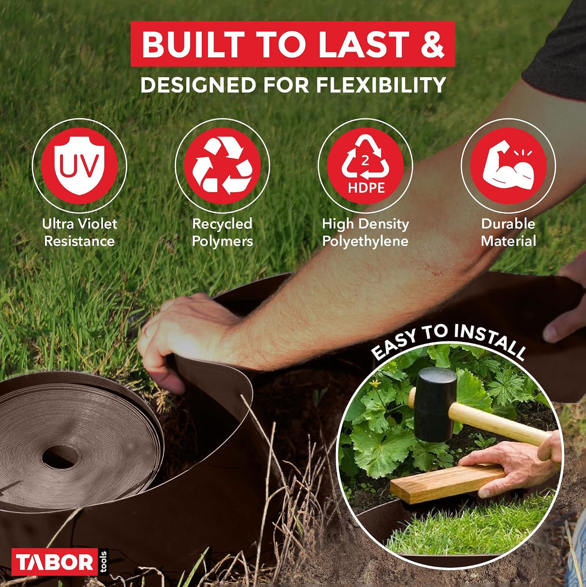 TABOR TOOLS Landscape Edging, 20 Ft Brown Coiled Bender Board, 5 Inch Tall HDPE Terrace Board, Flexible Plastic Garden Edging, Grass Barrier & Root Barrier for Lawn, Flower Beds & Under Fence,  Brown