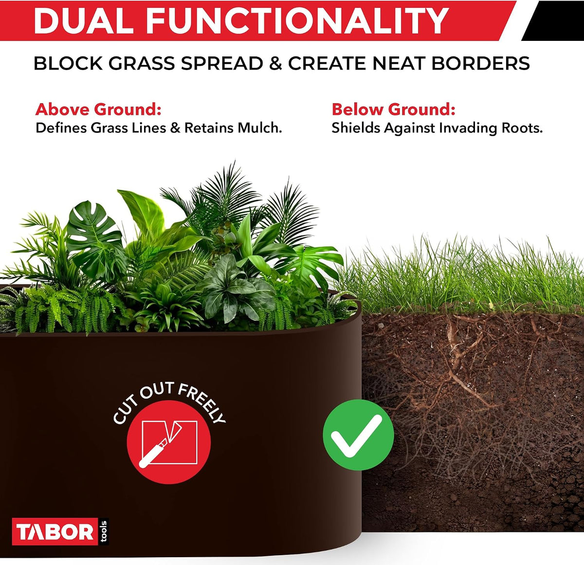 TABOR TOOLS Landscape Edging, 20 Ft Brown Coiled Bender Board, 5 Inch Tall HDPE Terrace Board, Flexible Plastic Garden Edging, Grass Barrier & Root Barrier for Lawn, Flower Beds & Under Fence,  Brown