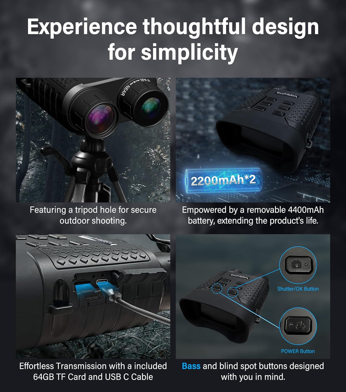 CoxiVision Night Vision Goggles, 4K Night Vision Binoculars for Adults, Upgraded 3.1" Large Screen & 4400mAh Rechargeable Battery, View in 100% Darkness with 7-Level Adjustment for Hunting, 64GB Card