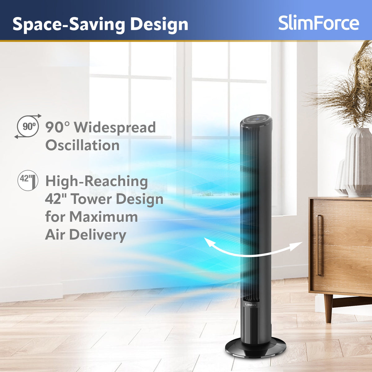 Lasko SlimForce 42 4-Speed Oscillating Remote Control High Velocity Tower Fan, Black, T42215
